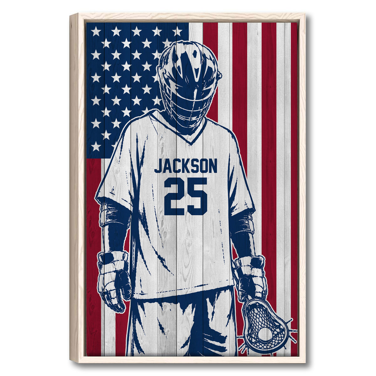 Framed lacrosse player wall art with patriotic red, white and blue flag design