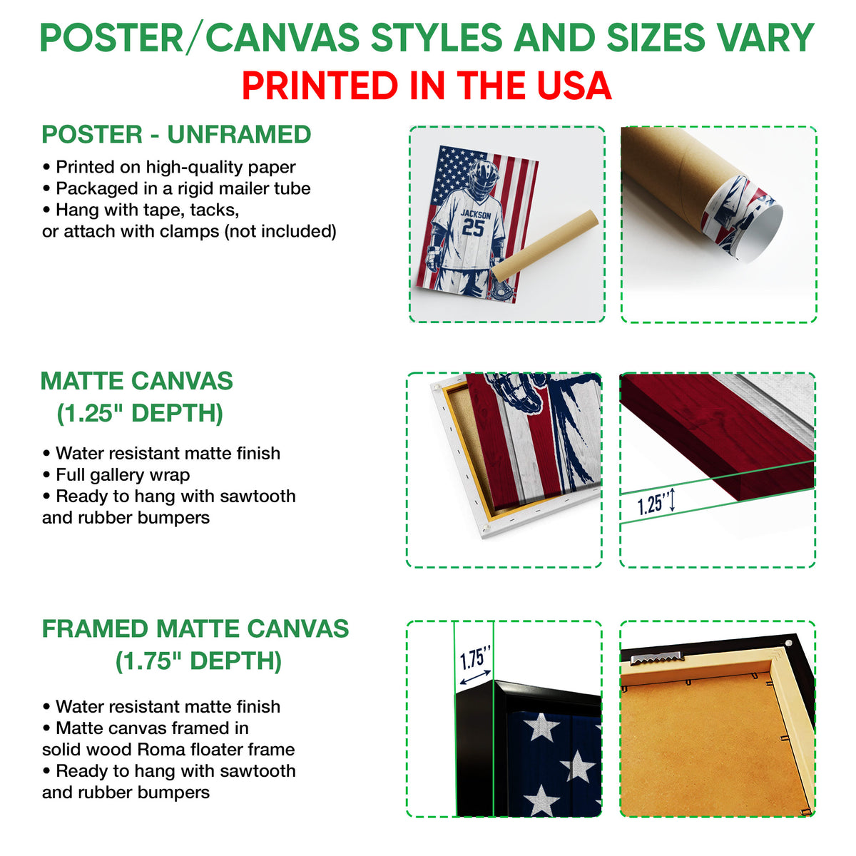 Lacrosse wall art format guide showing poster, matte canvas and framed canvas options
