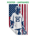 Unframed lacrosse poster featuring a helmeted player and patriotic flag background
