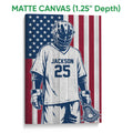 Matte canvas lacrosse wall art with helmeted player, stick and American flag colors