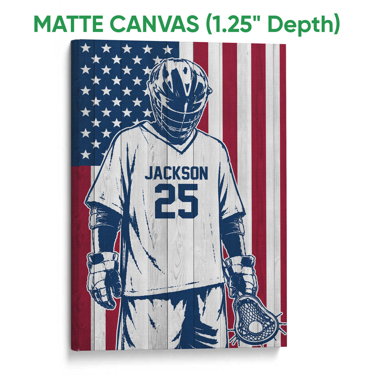 Matte canvas lacrosse wall art with helmeted player, stick and American flag colors