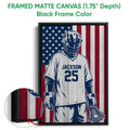 Framed lacrosse wall art shown with a black frame and close-up canvas detail