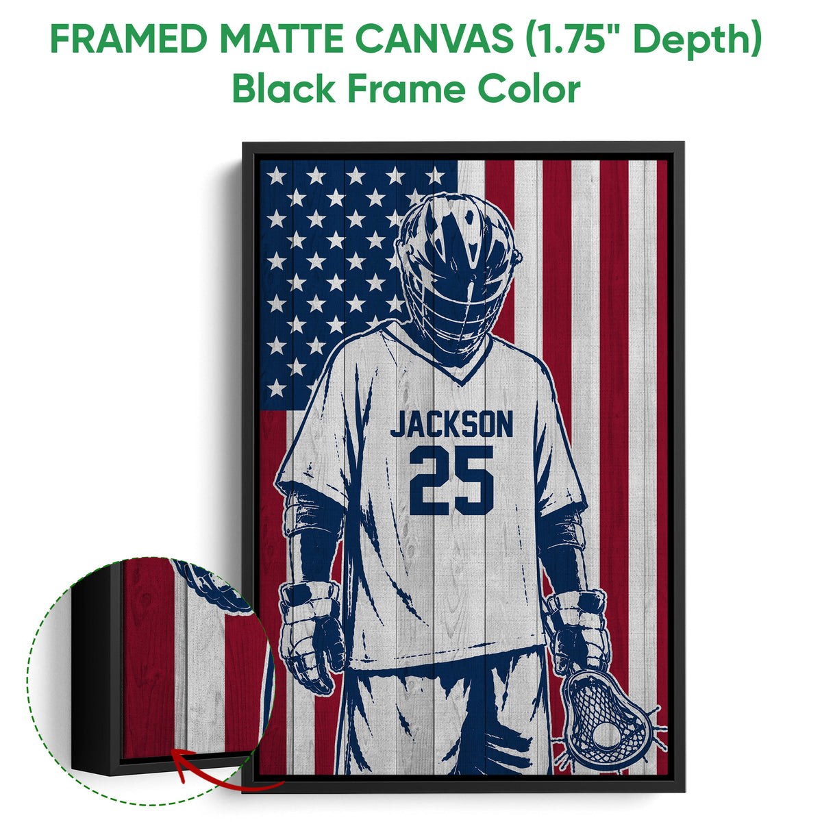 Framed lacrosse wall art shown with a black frame and close-up canvas detail