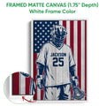 Framed lacrosse wall art shown with a white frame and close-up canvas detail