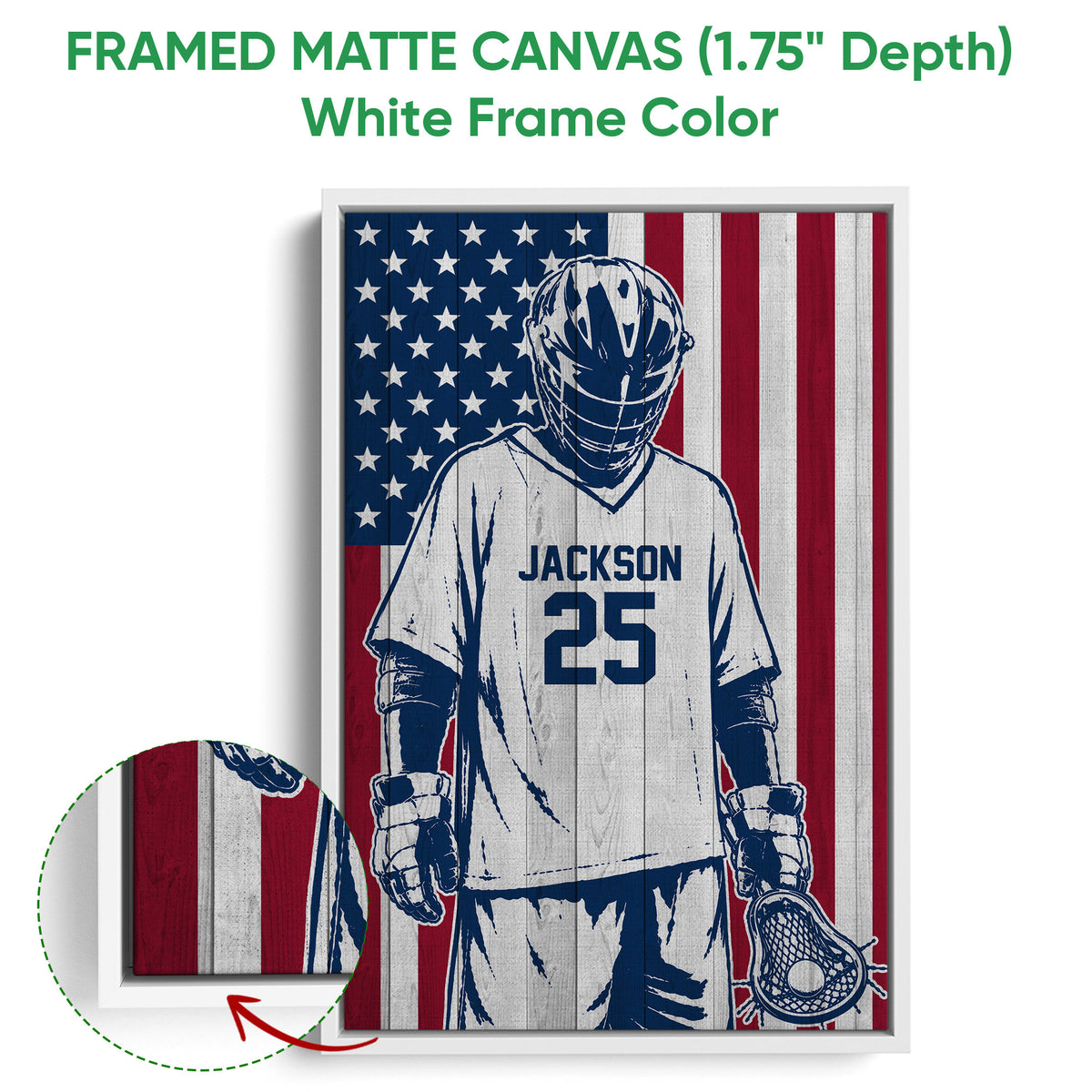 Framed lacrosse wall art shown with a white frame and close-up canvas detail