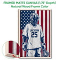 Framed lacrosse wall art shown with a natural wood frame and patriotic design