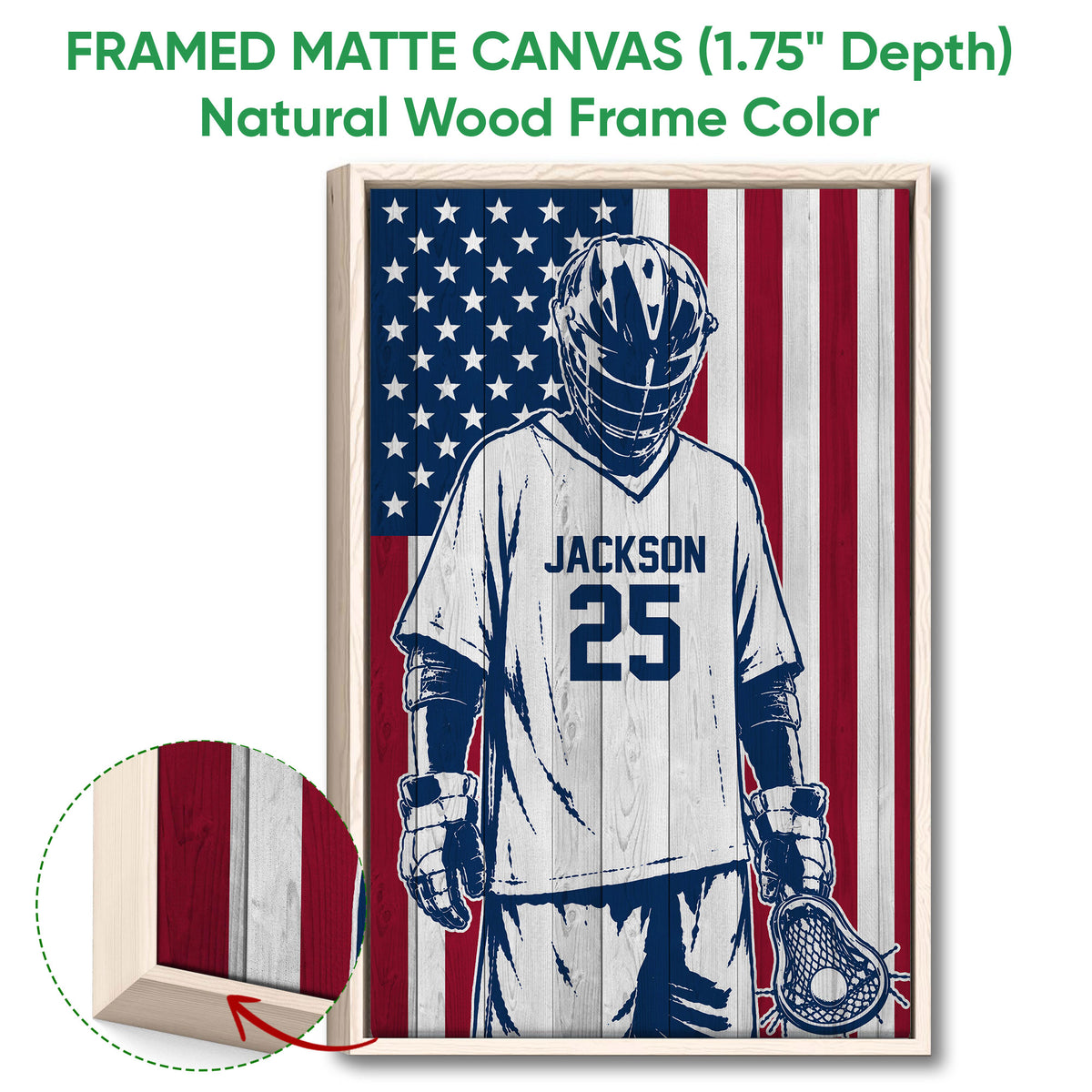 Framed lacrosse wall art shown with a natural wood frame and patriotic design