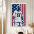 Patriotic lacrosse wall art displayed in a bright room with white wood paneling