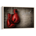 Framed boxing wall art featuring red gloves against a dark industrial background