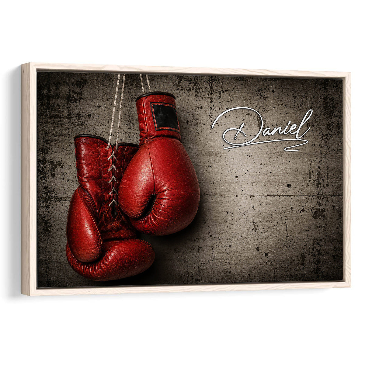 Framed boxing wall art featuring red gloves against a dark industrial background