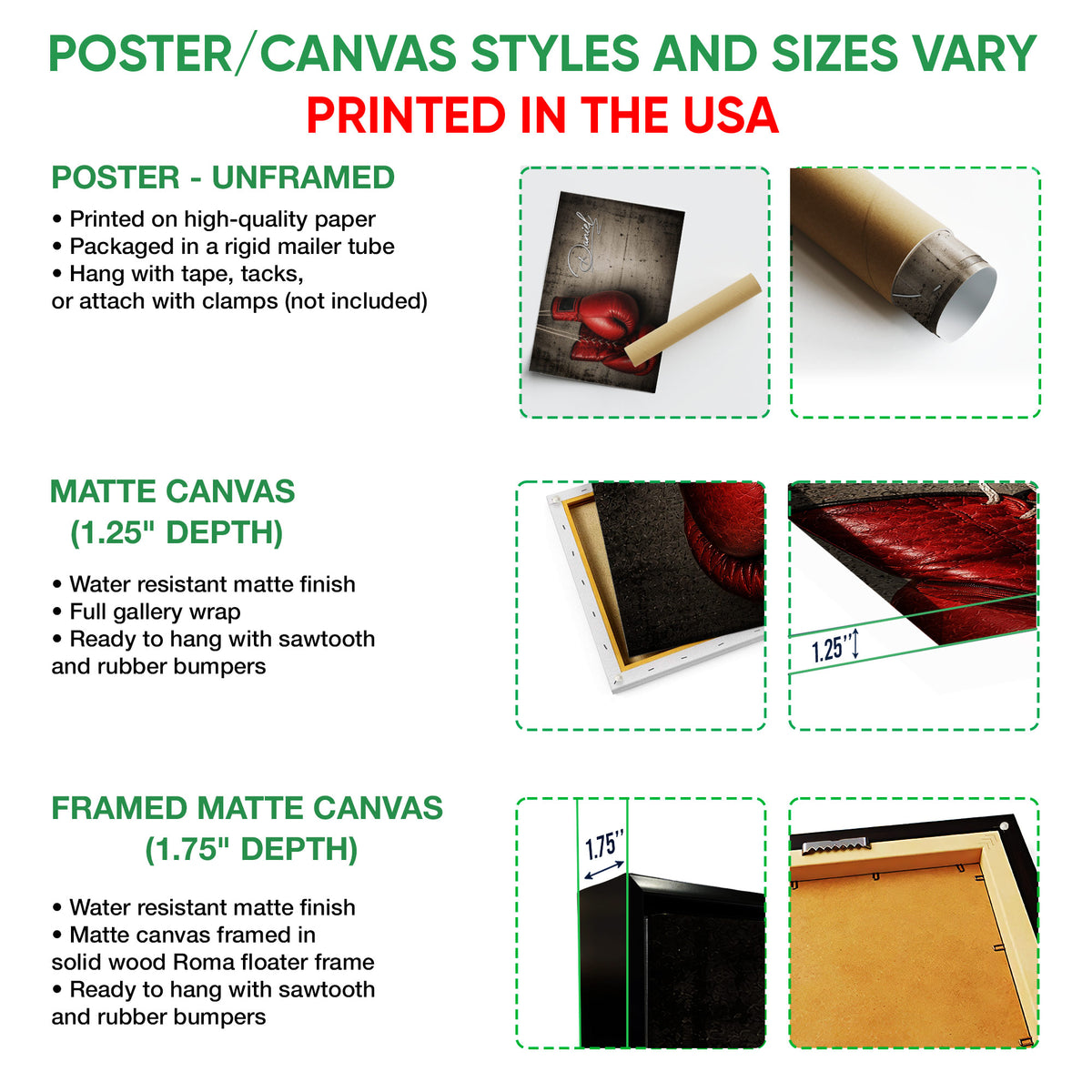 Poster and canvas wall art format guide showing boxing artwork and available presentation styles