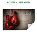 Unframed boxing poster featuring red gloves against a textured gray background