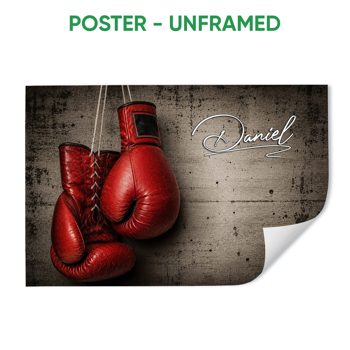 Unframed boxing poster featuring red gloves against a textured gray background