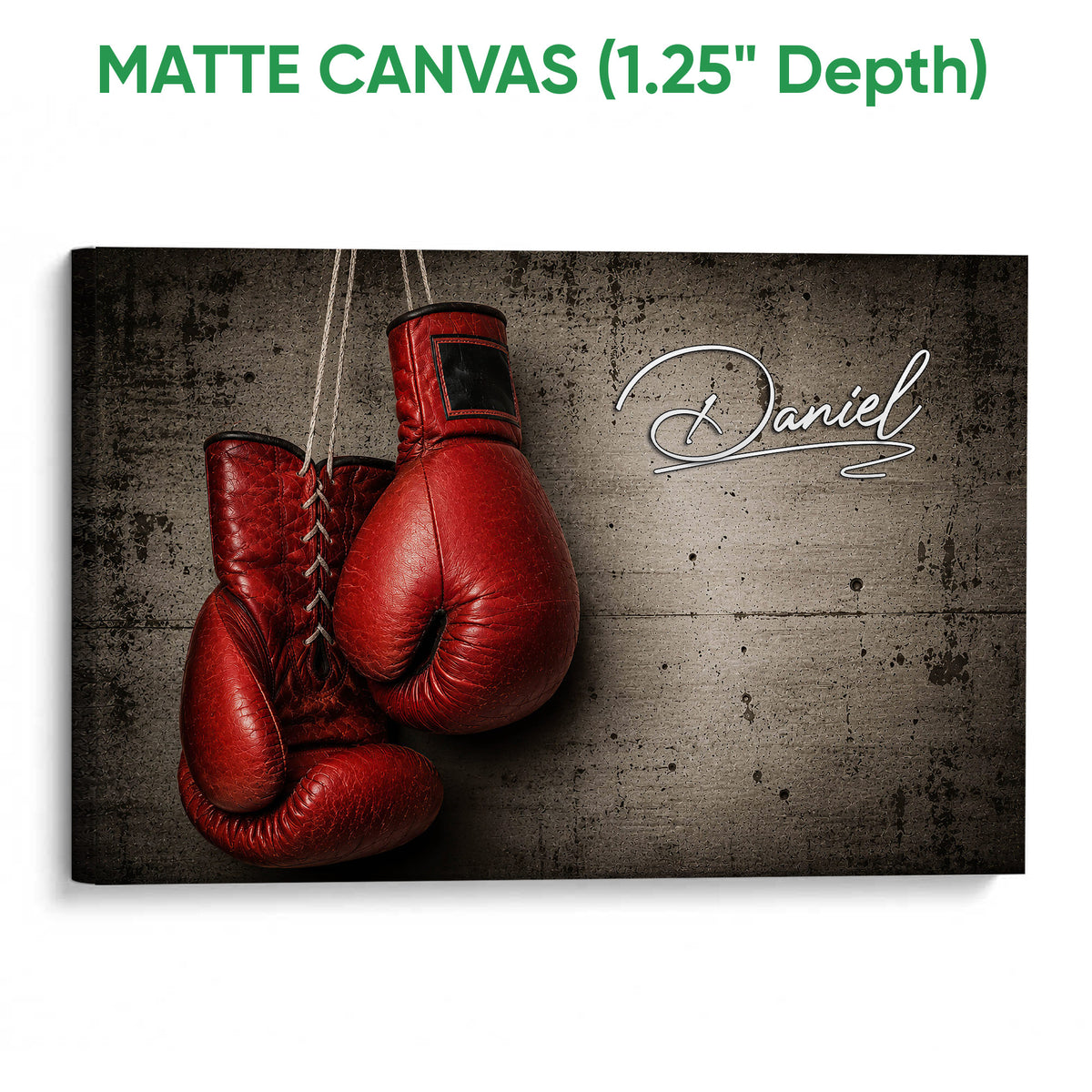 Matte canvas boxing wall art featuring red gloves and a textured industrial backdrop