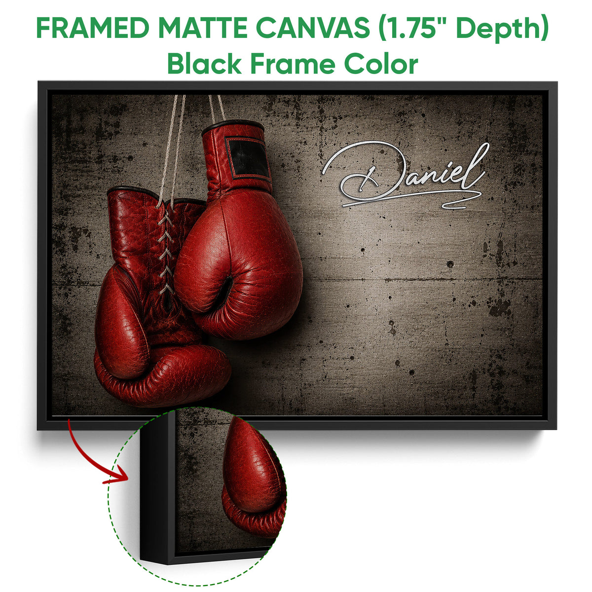 Black framed canvas boxing wall art with red gloves and close-up frame detail