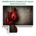 White framed canvas boxing wall art with red gloves and close-up frame detail