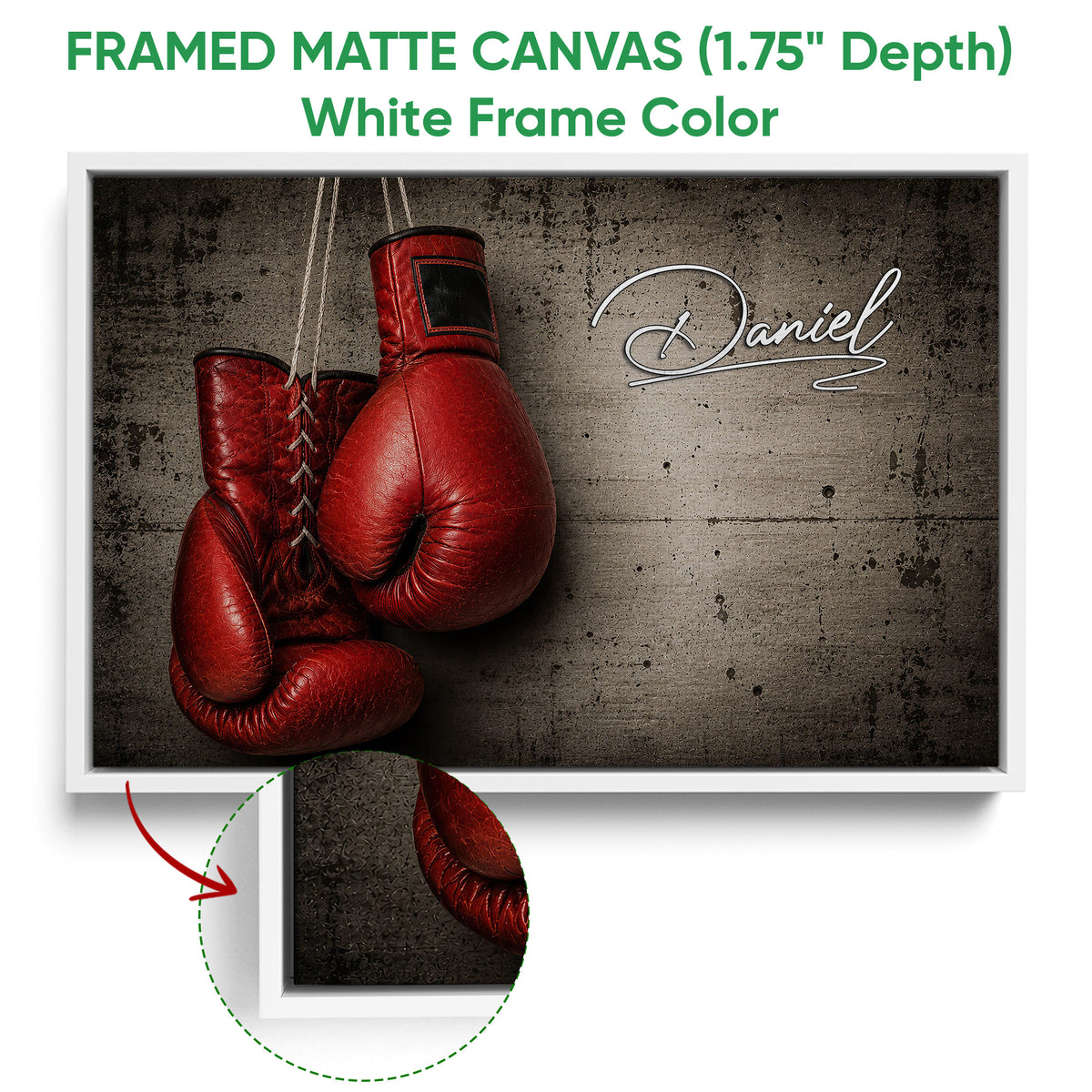 White framed canvas boxing wall art with red gloves and close-up frame detail