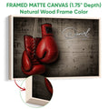 Natural wood framed boxing wall art with red gloves and close-up frame detail