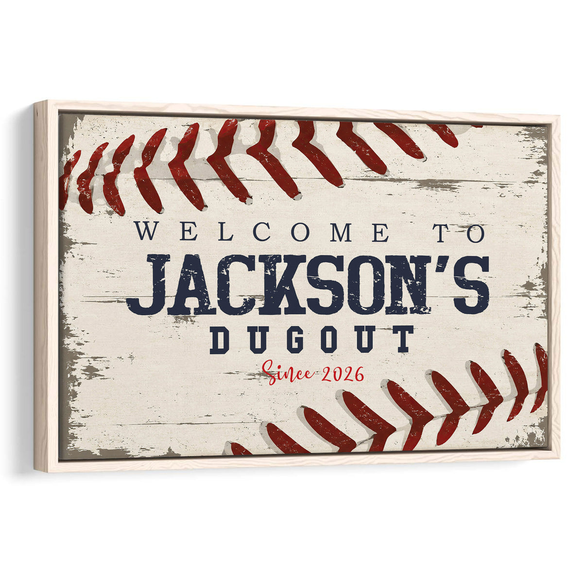 Framed baseball wall art with distressed stitching, vintage typography, and a dugout-inspired design