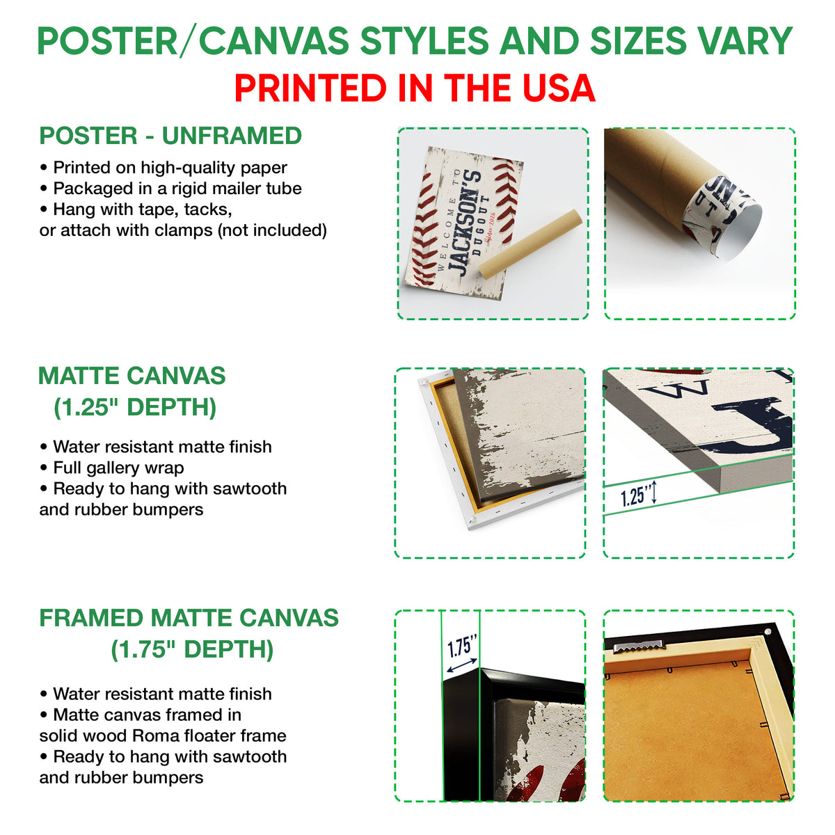 Baseball wall art format guide showing unframed poster, matte canvas, and framed canvas options