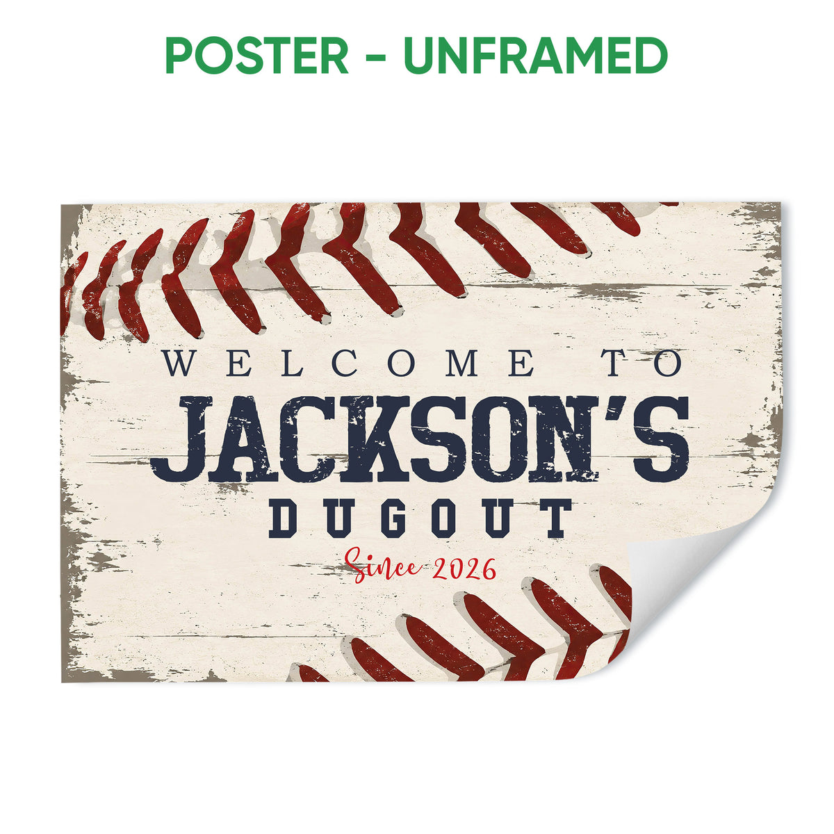 Unframed baseball poster with distressed stitching details and vintage dugout-inspired typography