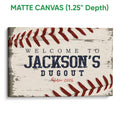 Matte canvas baseball wall art featuring red stitching, distressed texture, and bold typography