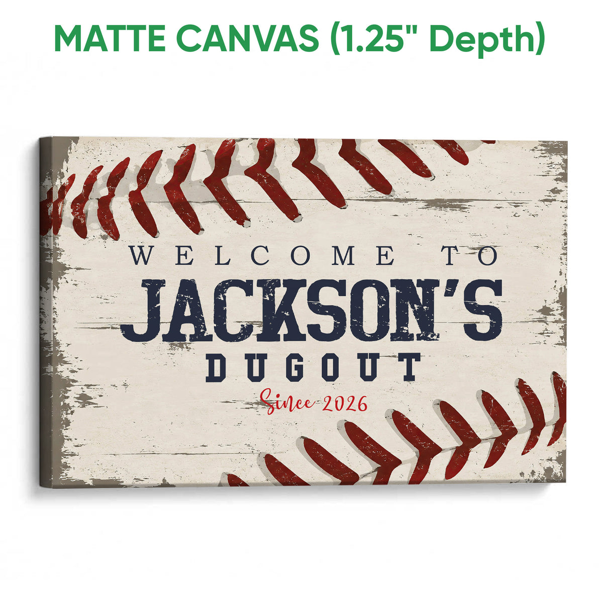 Matte canvas baseball wall art featuring red stitching, distressed texture, and bold typography