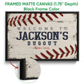 Black framed canvas baseball wall art with distressed stitching and a vintage sports design