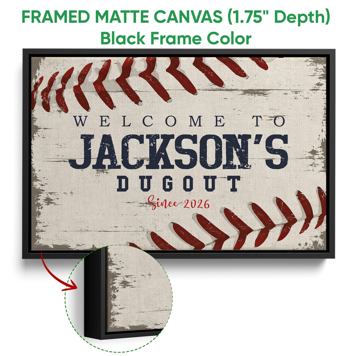 Black framed canvas baseball wall art with distressed stitching and a vintage sports design