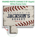 White framed canvas baseball wall art with distressed stitching and classic dugout-inspired typography
