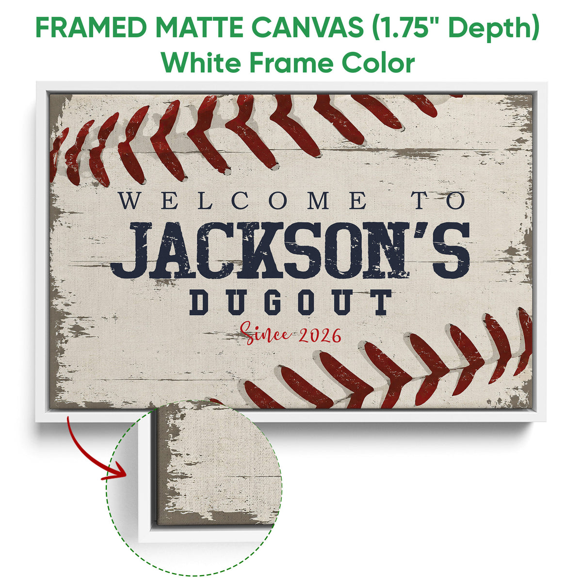 White framed canvas baseball wall art with distressed stitching and classic dugout-inspired typography