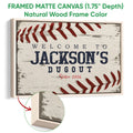 Natural wood framed baseball wall art with rustic texture, red stitching, and vintage typography