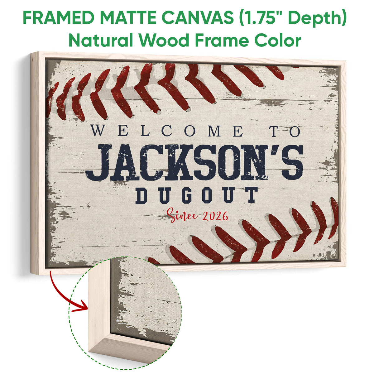 Natural wood framed baseball wall art with rustic texture, red stitching, and vintage typography