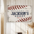 Framed baseball wall art displayed on a light wood-paneled wall in a rustic home setting