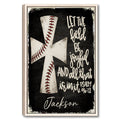 Framed baseball wall art with crossed baseball bats, inspirational scripture, and a bold black and cream design
