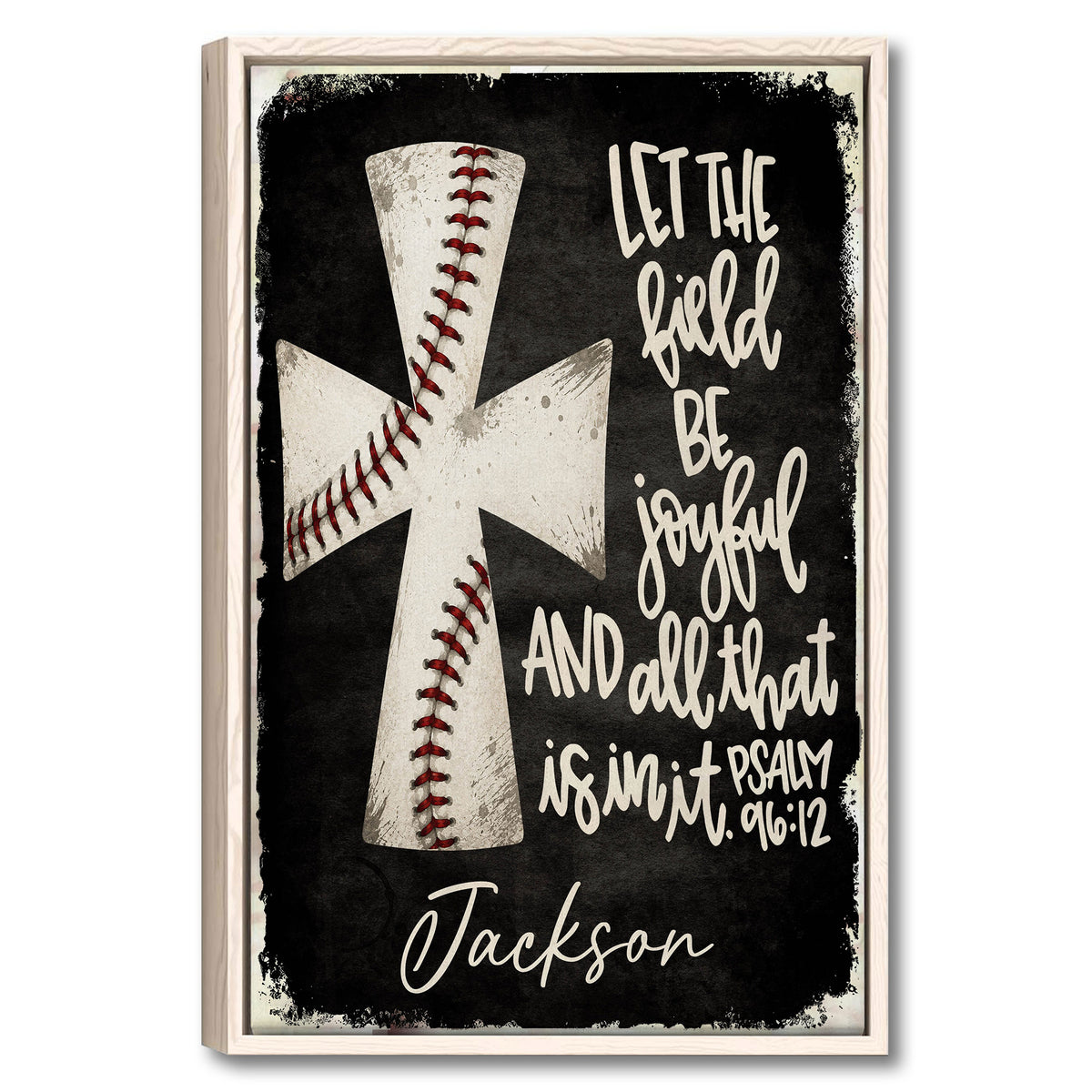 Framed baseball wall art with crossed baseball bats, inspirational scripture, and a bold black and cream design