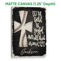 Matte canvas baseball wall art with crossed bats, red stitching, and inspirational scripture lettering
