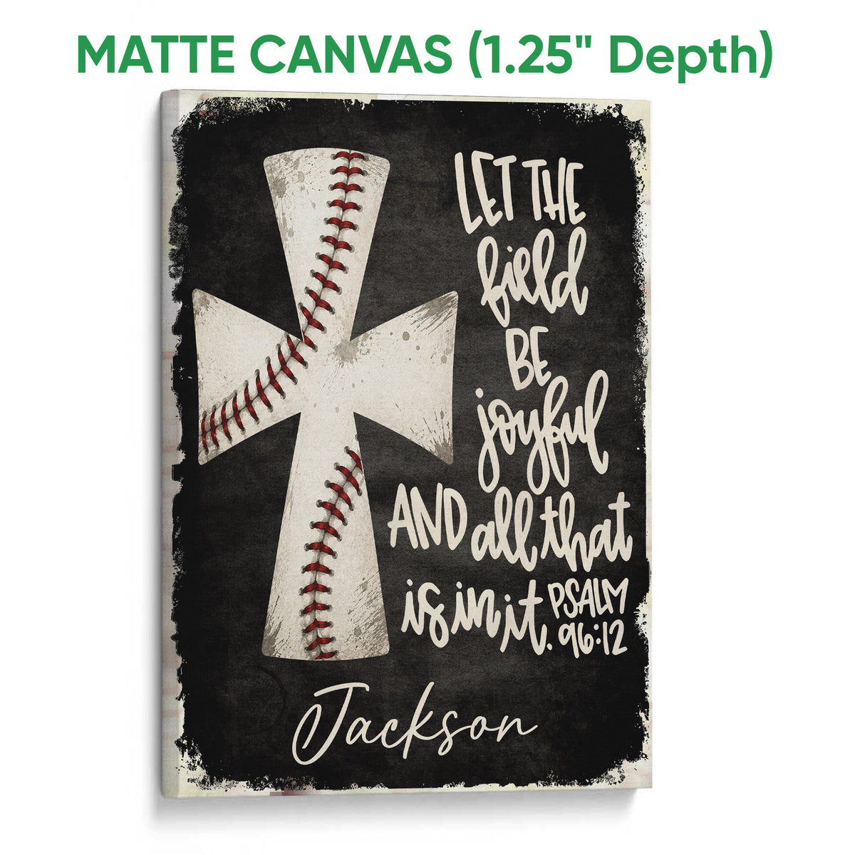 Matte canvas baseball wall art with crossed bats, red stitching, and inspirational scripture lettering