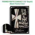 Black framed canvas baseball wall art featuring crossed bats and a bold faith-inspired design