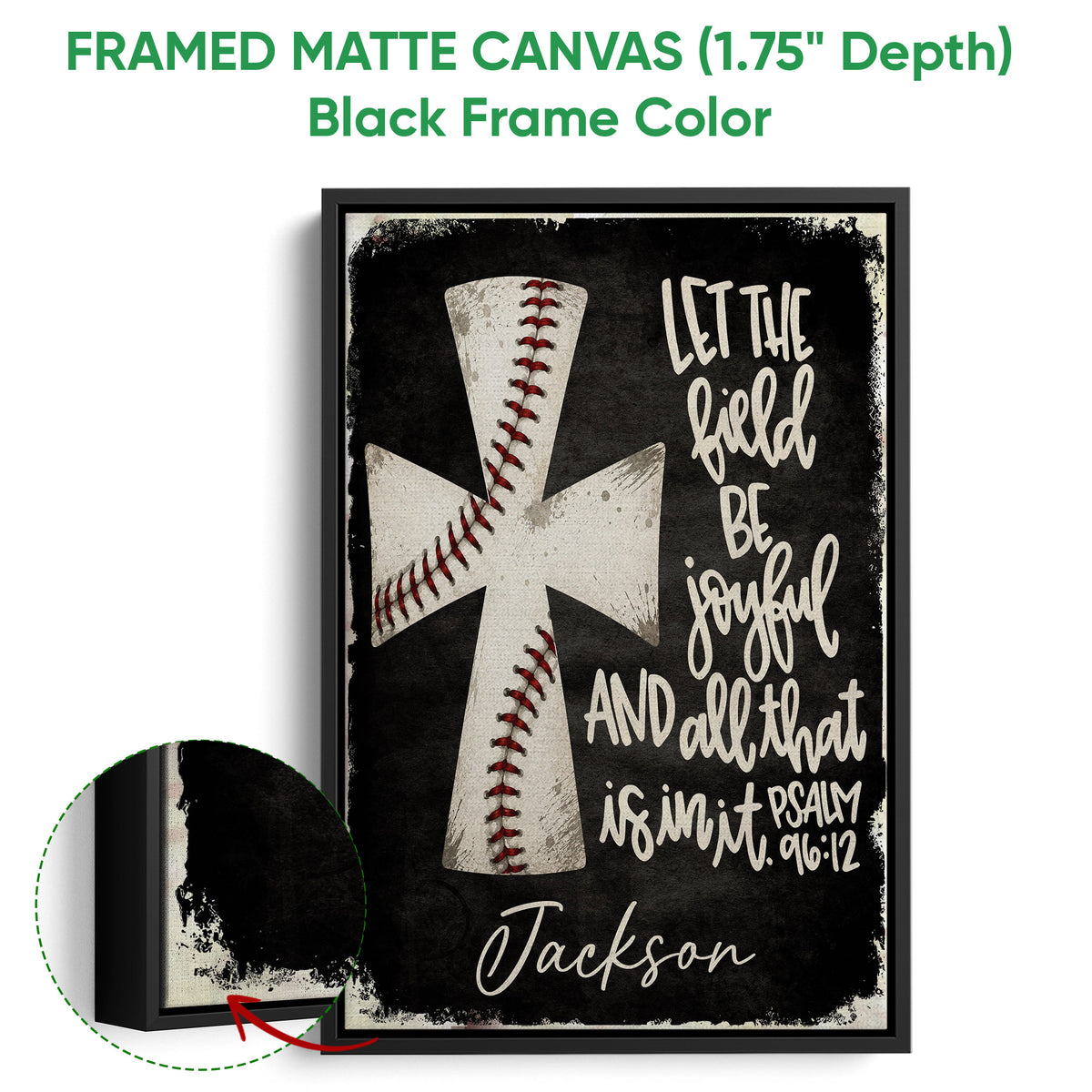 Black framed canvas baseball wall art featuring crossed bats and a bold faith-inspired design