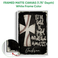 White framed canvas baseball wall art featuring crossed bats and inspirational scripture lettering