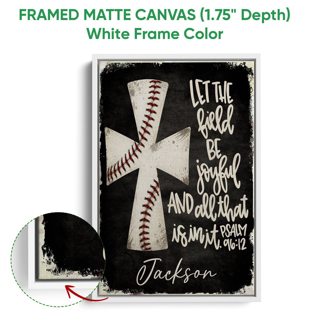 White framed canvas baseball wall art featuring crossed bats and inspirational scripture lettering