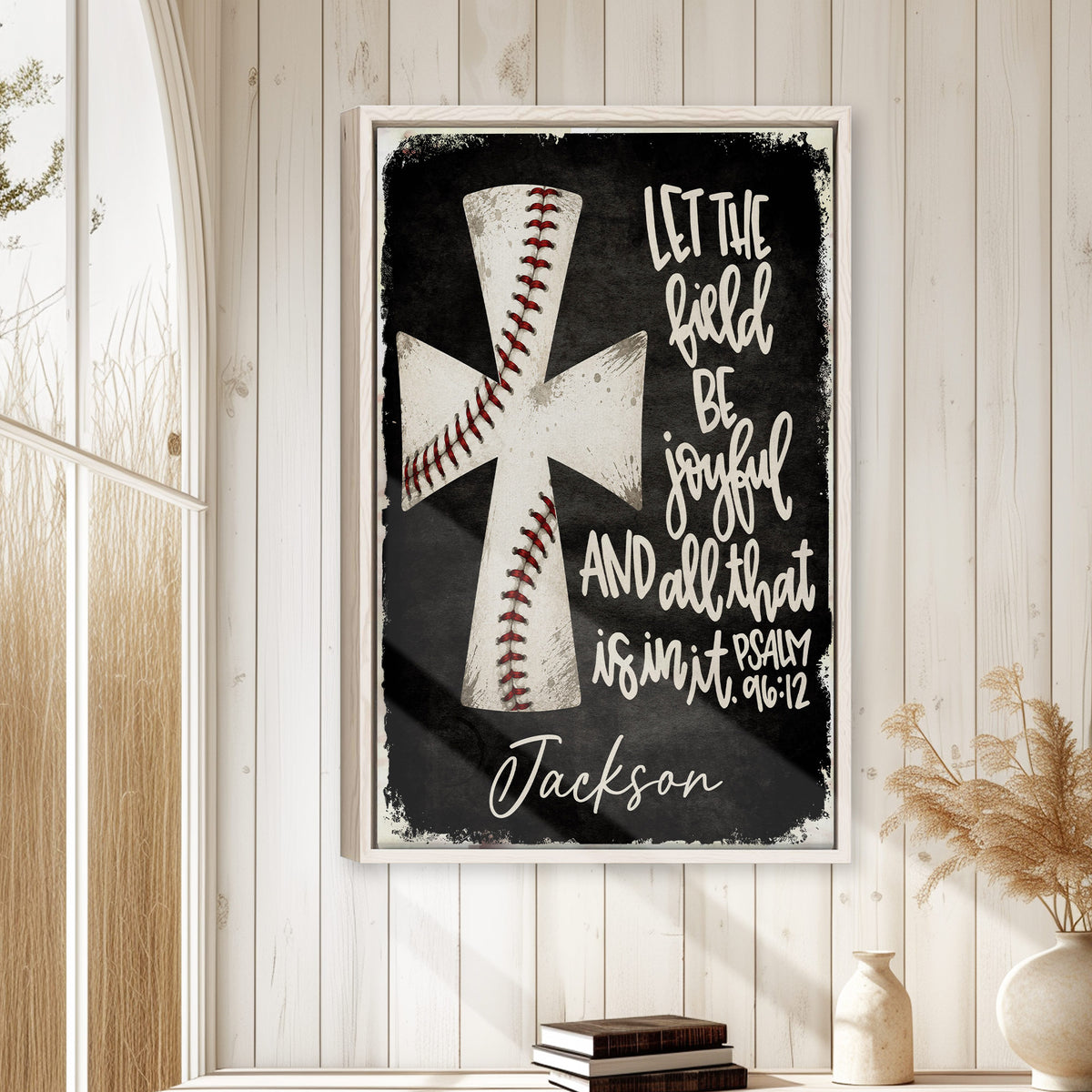 Baseball faith-inspired wall art displayed in a bright farmhouse-style room with white paneled walls