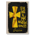 Framed softball wall art with a yellow softball cross design and bold black and gold inspirational artwork