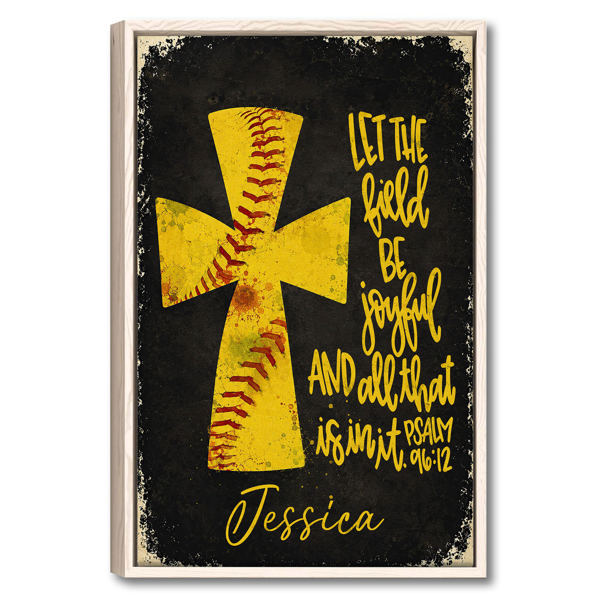 Framed softball wall art with a yellow softball cross design and bold black and gold inspirational artwork