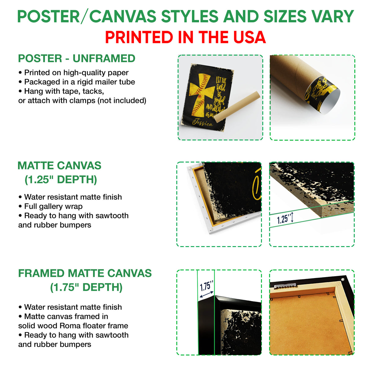 Poster and canvas wall art options guide showing unframed poster, canvas, and framed canvas formats