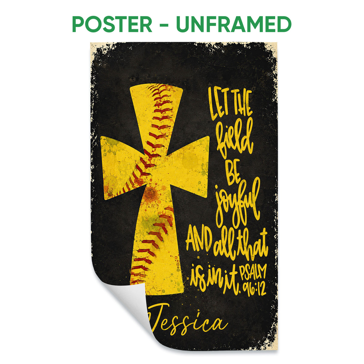 Unframed softball poster featuring a distressed yellow softball cross on a black background