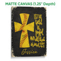 Matte canvas softball wall art with a yellow softball cross and inspirational black and gold design