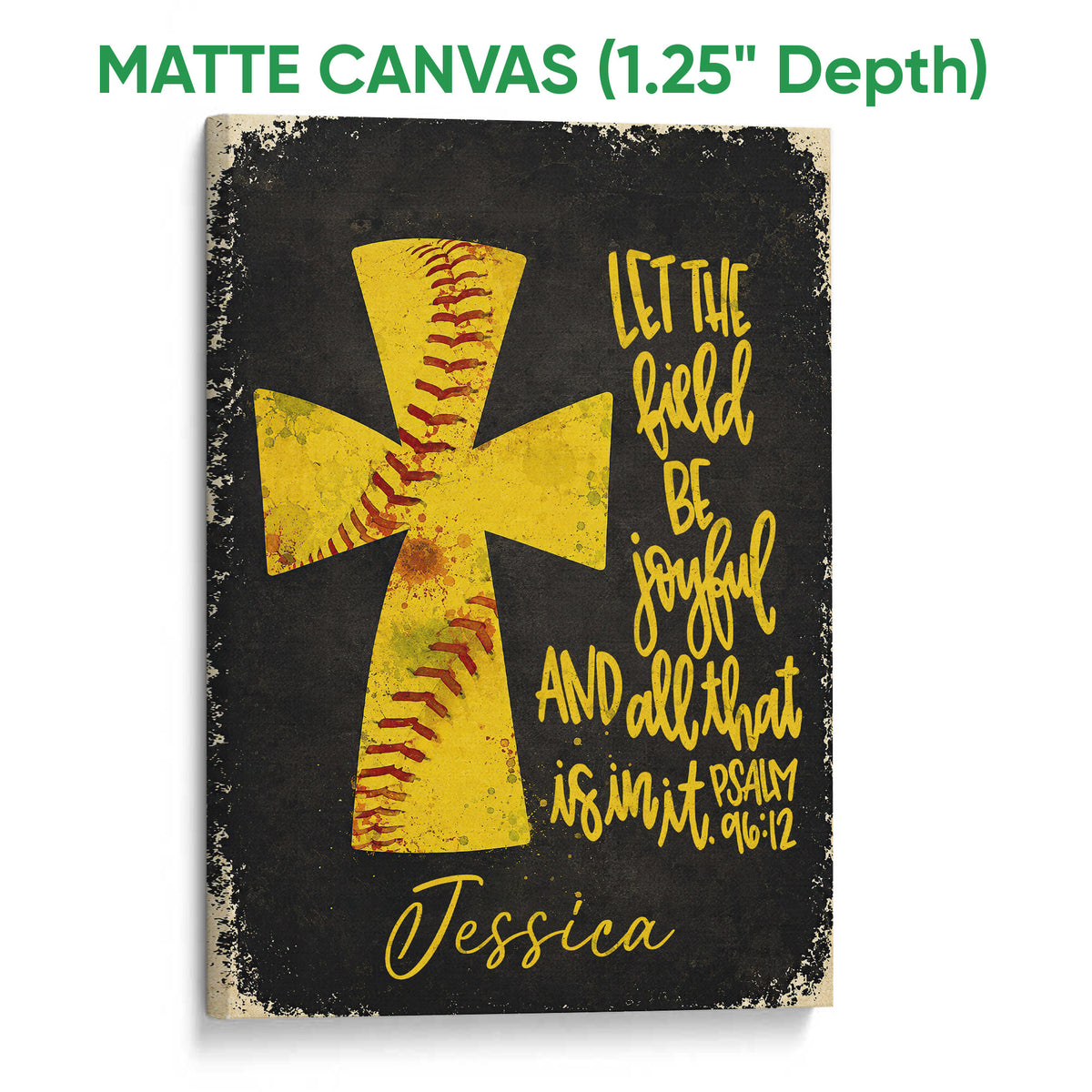 Matte canvas softball wall art with a yellow softball cross and inspirational black and gold design