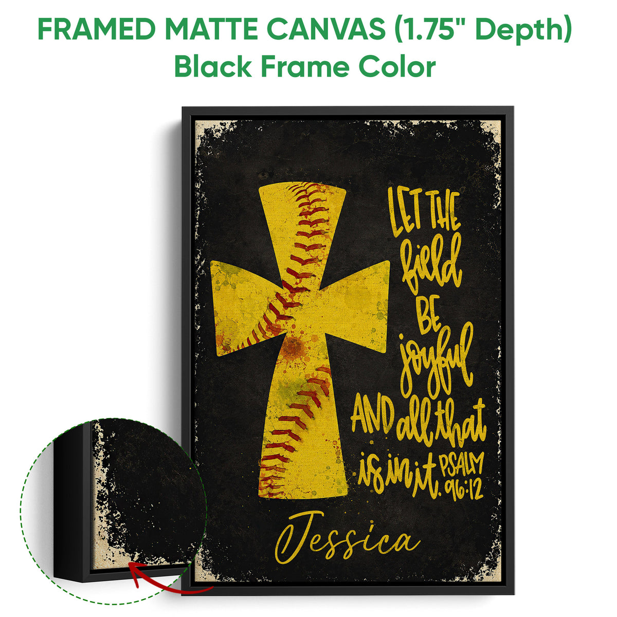 Framed softball canvas wall art shown with a black frame and distressed yellow softball artwork